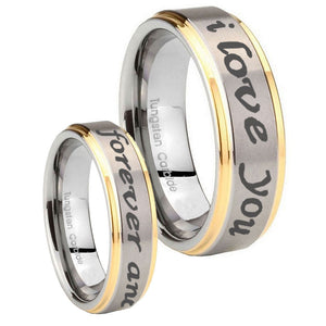 His Hers I Love You Forever and ever Step Edges Gold 2 Tone Tungsten Custom Ring Set