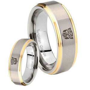 His Hers Transformers Autobot Step Edges Gold 2 Tone Tungsten Custom Mens Ring Set