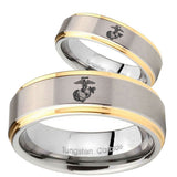 Bride and Groom Marine Step Edges Gold 2 Tone Tungsten Carbide Rings for Men Set