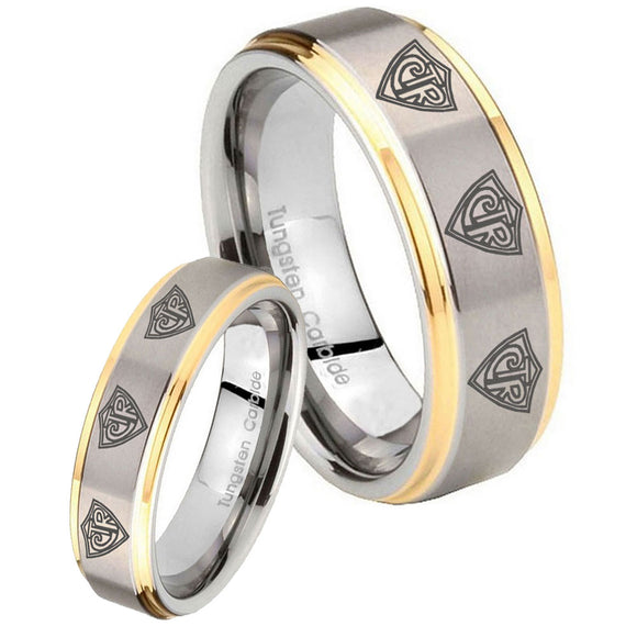 His and Hers Multiple CTR Step Edges Gold 2 Tone Tungsten Engraved Ring Set