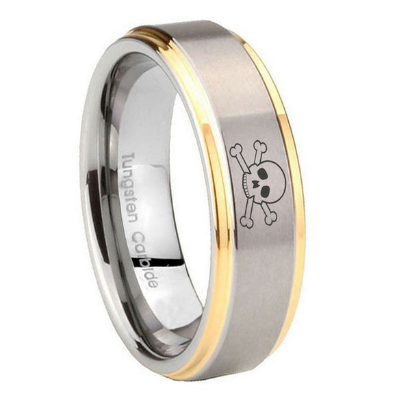 8mm Skull Step Edges Gold 2 Tone Tungsten Carbide Men's Wedding Ring