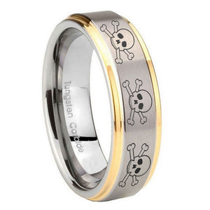 8mm Multiple Skull Step Edges Gold 2 Tone Tungsten Carbide Personalized Ring