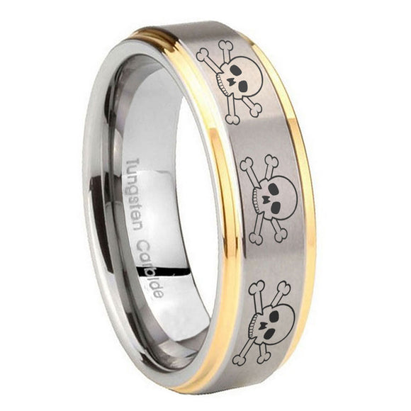 8mm Multiple Skull Step Edges Gold 2 Tone Tungsten Carbide Personalized Ring