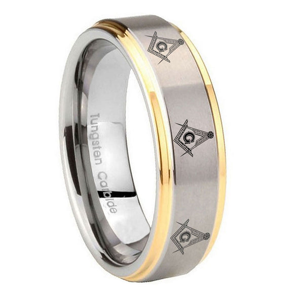 8mm Multiple Master Mason Step Edges Gold 2 Tone Tungsten Men's Bands Ring
