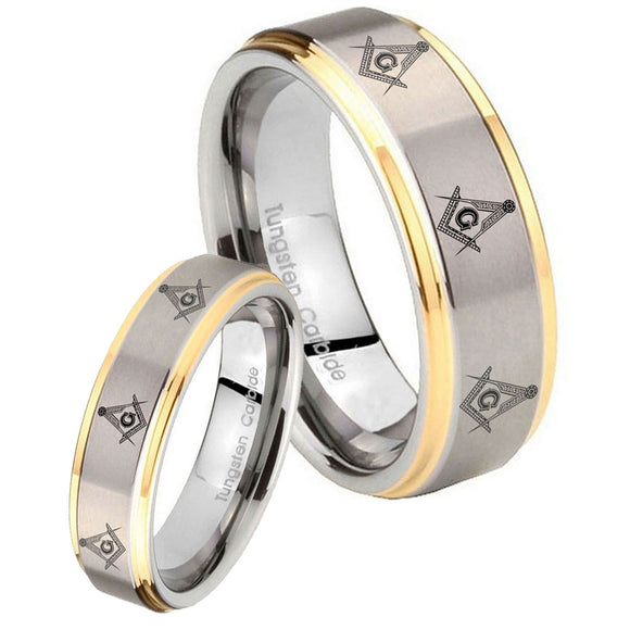 His Hers Multiple Master Mason Step Edges Gold 2 Tone Tungsten Men's Ring Set