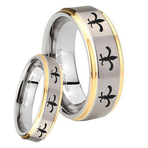 His Hers Multiple Fleur De Lis Step Edges Gold 2 Tone Tungsten Mens Ring Set