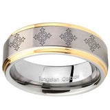 10mm Multiple Crosses Step Edges Gold 2 Tone Tungsten Mens Engagement Band