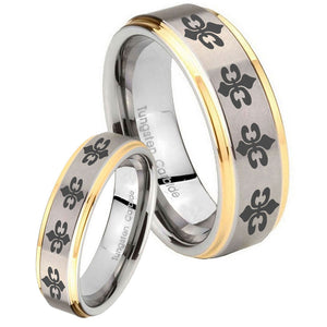 His Hers Multiple Fleur De Lis Step Edges Gold 2 Tone Tungsten Men's Ring Set