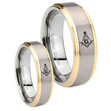 His Hers Master Mason Masonic Step Edges Gold 2 Tone Tungsten Men's Ring Set