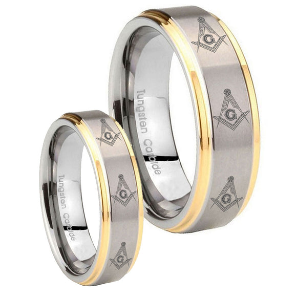 His Hers Multiple Master Mason Masonic Step Edges Gold 2 Tone Tungsten Promise Ring Set