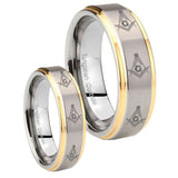 His Hers Multiple Master Mason Masonic Step Edges Gold 2 Tone Tungsten Promise Ring Set