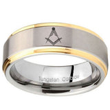 8mm Masonic Step Edges Gold 2 Tone Tungsten Carbide Mens Anniversary Ring