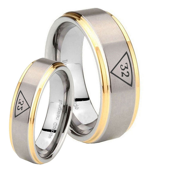 Bride and Groom Masonic 32 Triangle Freemason Step Edges Gold 2 Tone Tungsten Mens Promise Ring Set