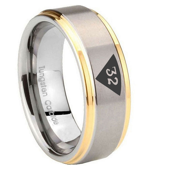 8mm Masonic 32 Triangle Design Freemason Step Edges Gold 2 Tone Tungsten Carbide Men's Ring