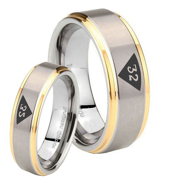 Bride and Groom Masonic 32 Triangle Design Freemason Step Edges Gold 2 Tone Tungsten Mens Promise Ring Set