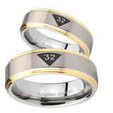 Bride and Groom Masonic 32 Triangle Design Freemason Step Edges Gold 2 Tone Tungsten Mens Promise Ring Set