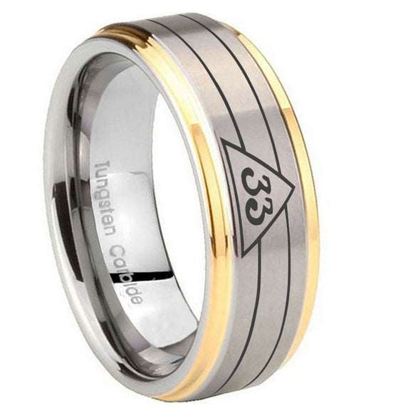 10mm Masonic 32 Duo Line Freemason Step Edges Gold 2 Tone Tungsten Carbide Mens Ring