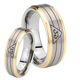 Bride and Groom Masonic 32 Duo Line Freemason Step Edges Gold 2 Tone Tungsten Mens Promise Ring Set