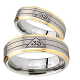 Bride and Groom Masonic 32 Duo Line Freemason Step Edges Gold 2 Tone Tungsten Mens Promise Ring Set