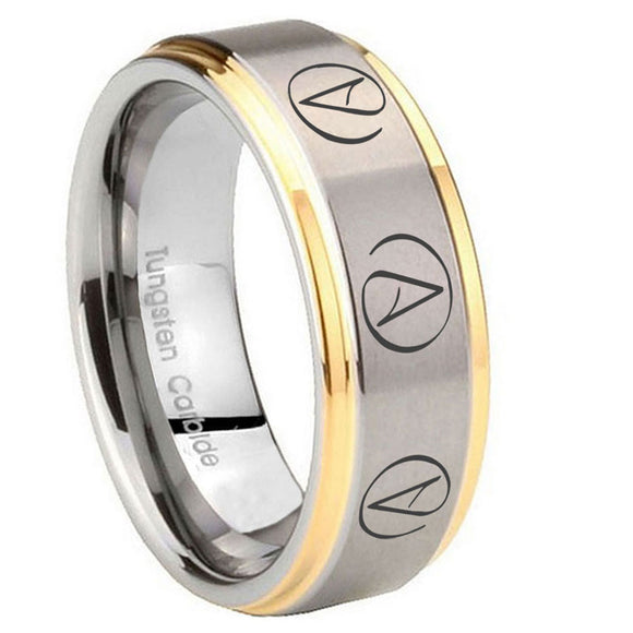 8mm Atheist Design Step Edges Gold 2 Tone Tungsten Engraved Ring