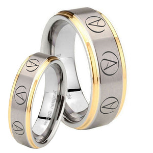 His Hers Atheist Design Step Edges Gold 2 Tone Tungsten Custom Mens Ring Set