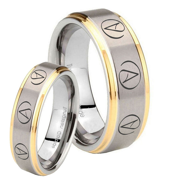 His Hers Atheist Design Step Edges Gold 2 Tone Tungsten Custom Mens Ring Set