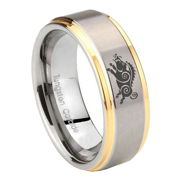 8mm Wild Boar Step Edges Gold 2 Tone Tungsten Carbide Custom Mens Ring