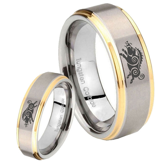 His Hers Wild Boar Step Edges Gold 2 Tone Tungsten Engraving Ring Set