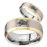 His Hers Wild Boar Step Edges Gold 2 Tone Tungsten Engraving Ring Set