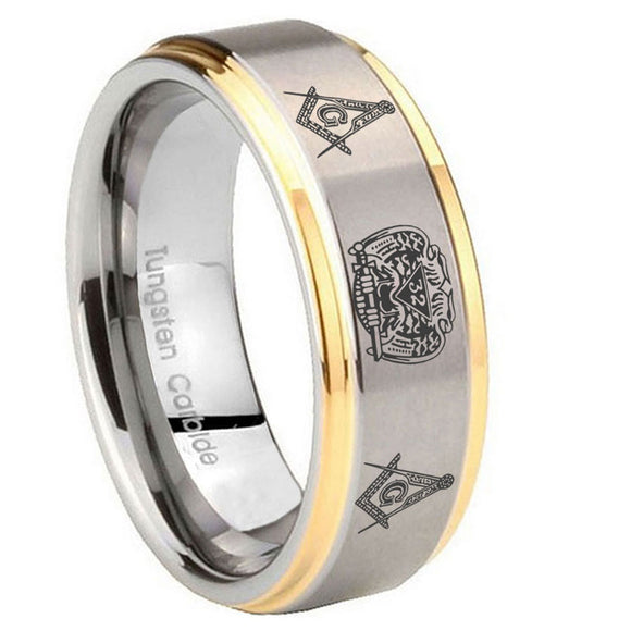 10mm Masonic 32 Design Step Edges Gold 2 Tone Tungsten Wedding Engagement Ring
