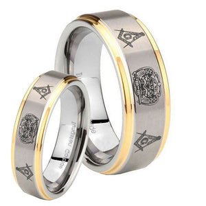 His Hers Masonic 32 Design Step Edges Gold 2 Tone Tungsten Wedding Band Ring Set