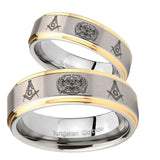 His Hers Masonic 32 Design Step Edges Gold 2 Tone Tungsten Wedding Band Ring Set