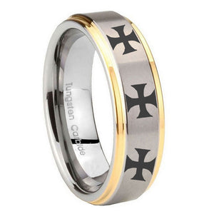 10mm Multiple Maltese Cross Step Edges Gold 2 Tone Tungsten Mens Engagement Ring