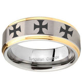 10mm Multiple Maltese Cross Step Edges Gold 2 Tone Tungsten Mens Engagement Ring