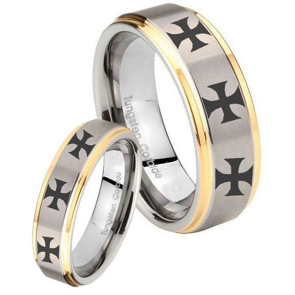 His Hers Multiple Maltese Cross Step Edges Gold 2 Tone Tungsten Mens Band Set