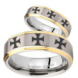 His Hers Multiple Maltese Cross Step Edges Gold 2 Tone Tungsten Mens Band Set