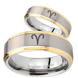 His Hers Aries Zodiac Step Edges Gold 2 Tone Tungsten Wedding Band Mens Set