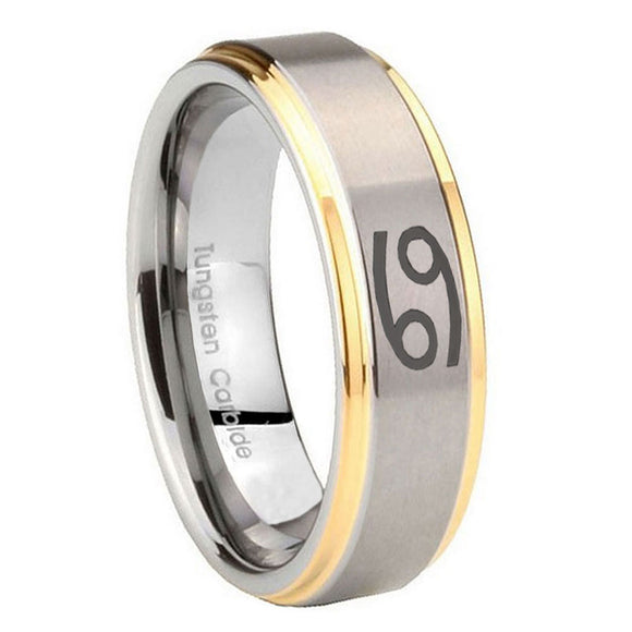 8mm Cancer Horoscope Step Edges Gold 2 Tone Tungsten Men's Engagement Band