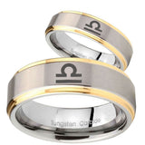 His Hers Libra Horoscope Step Edges Gold 2 Tone Tungsten Anniversary Ring Set