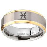 8mm Pisces Zodiac Step Edges Gold 2 Tone Tungsten Carbide Mens Ring