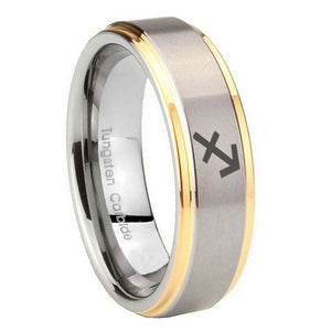 10mm Sagittarius Zodiac Step Edges Gold 2 Tone Tungsten Carbide Mens Ring