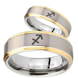 His Hers Sagittarius Zodiac Step Edges Gold 2 Tone Tungsten Custom Mens Ring Set