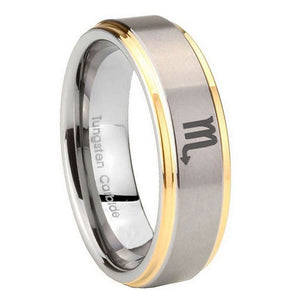 8mm Scorpio Horoscope Step Edges Gold 2 Tone Tungsten Carbide Mens Ring Engraved