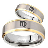 His and Hers Virgo Zodiac Step Edges Gold 2 Tone Tungsten Engraved Ring Set