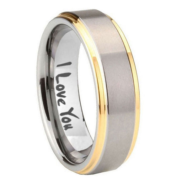 8mm I Love You Step Edges Gold 2 Tone Tungsten Carbide Mens Promise Ring