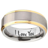8mm I Love You Step Edges Gold 2 Tone Tungsten Carbide Mens Promise Ring