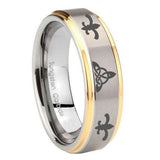 10mm Celtic Triangle Fleur De Lis Step Edges Gold 2 Tone Tungsten Promise Ring