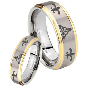 His Hers Celtic Triangle Fleur De Lis Step Edges Gold 2 Tone Tungsten Mens Ring Set