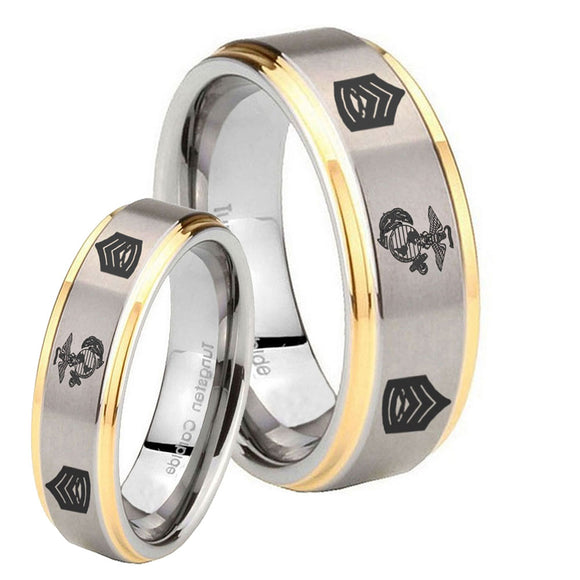 His Hers Marine Army Sergeant Step Edges Gold 2 Tone Tungsten Anniversary Ring Set