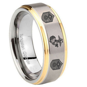 8mm Marine Chief Master Sergeant  Step Edges Gold 2 Tone Tungsten Engagement Ring